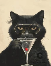 Black Cat Mysterious Sauvé Martini Red Cherry Aviators  Giclée Art Print 8.5X11