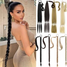 Long Braided Ponytail Extension with Hair Tie Band Straight Hairpiece as Human