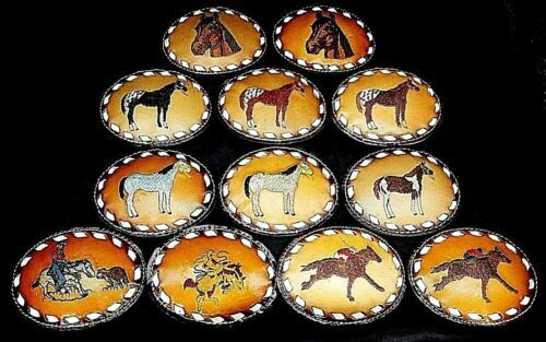 Tooled Tan Leather Belt Moulin Rogue Oval Silver Buckle  display picture 1