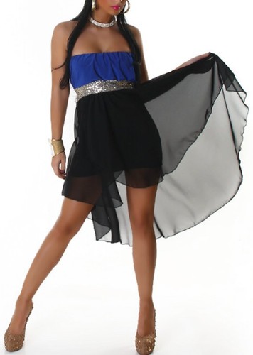 Sexy Femmes Nuque Longue Mousseline Robe Mini Bandeau Paillettes 34/36/38 Bleu - Photo 6 sur 6