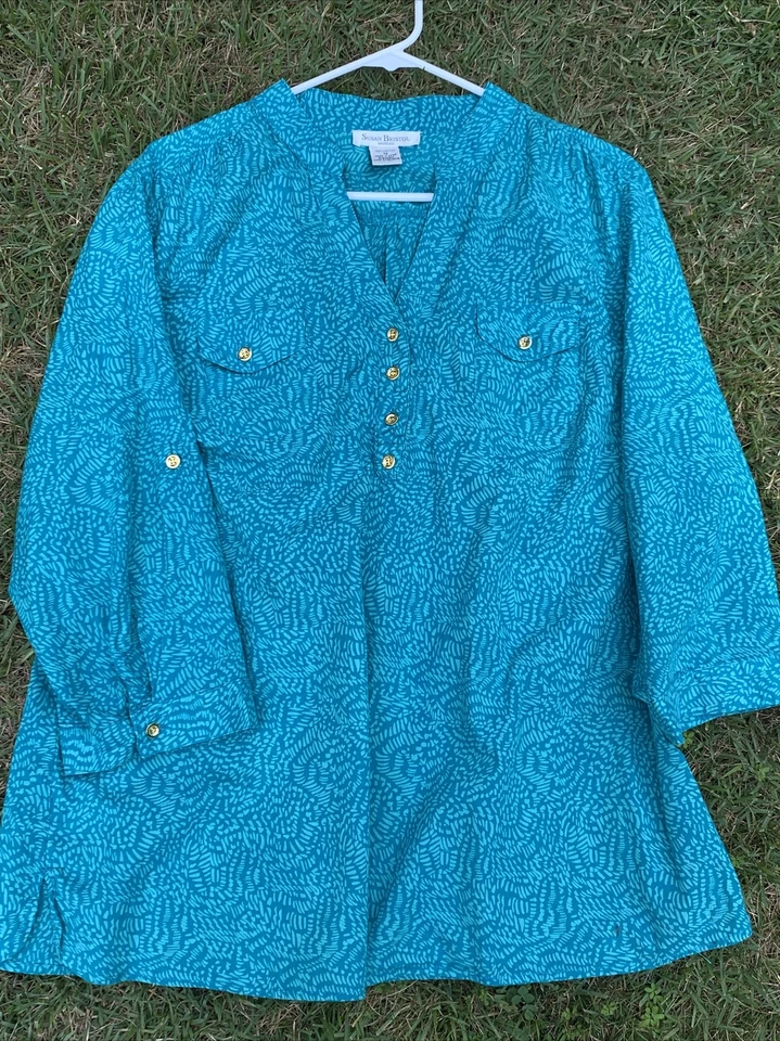 Blusa Camisa SUSAN BRISTOL Botón Dorado Aqua Leopardo SEXY Talla 1X ❤️cb15m6