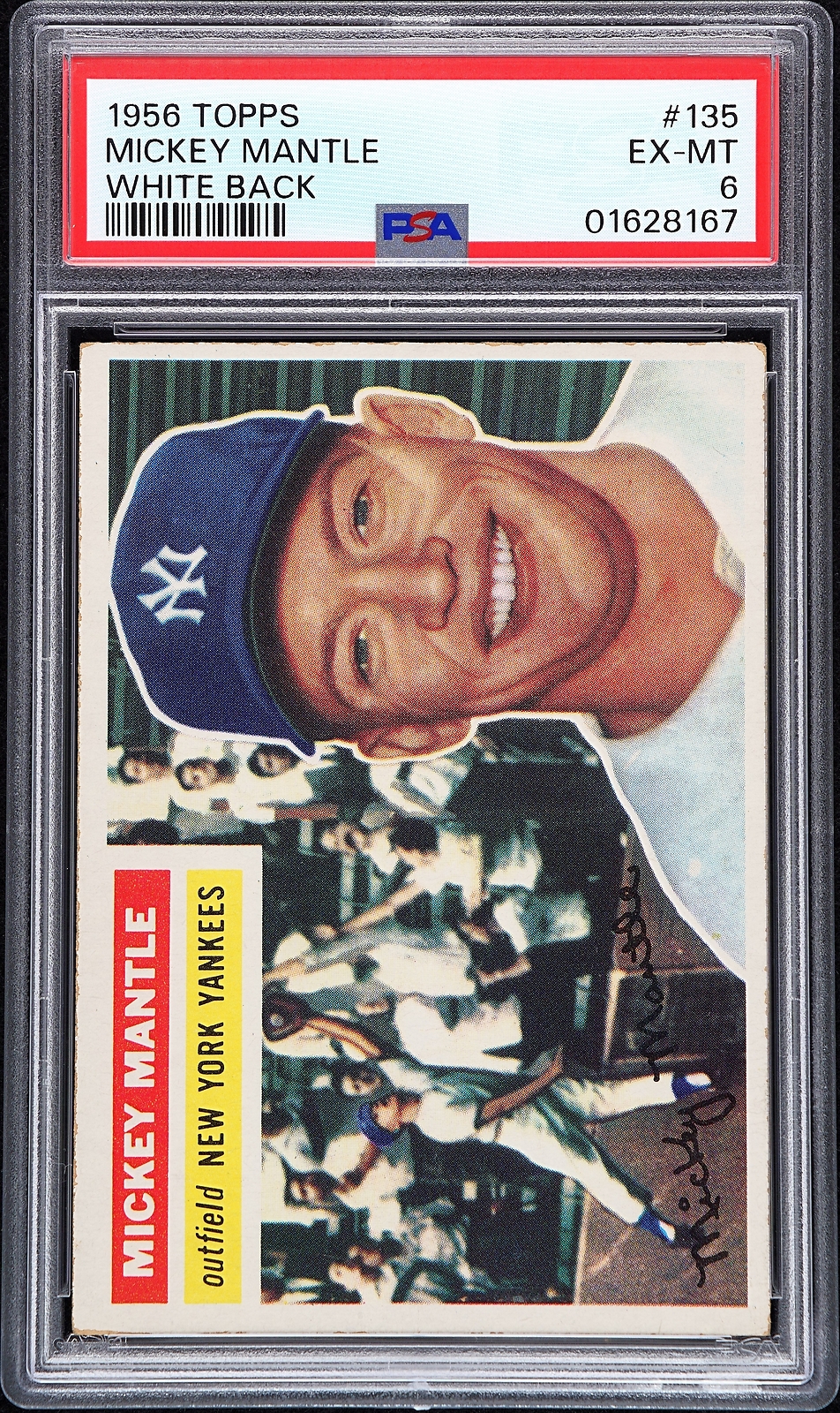 1956 TOPPS WHITE BACK #135 MICKEY MANTLE PSA 6