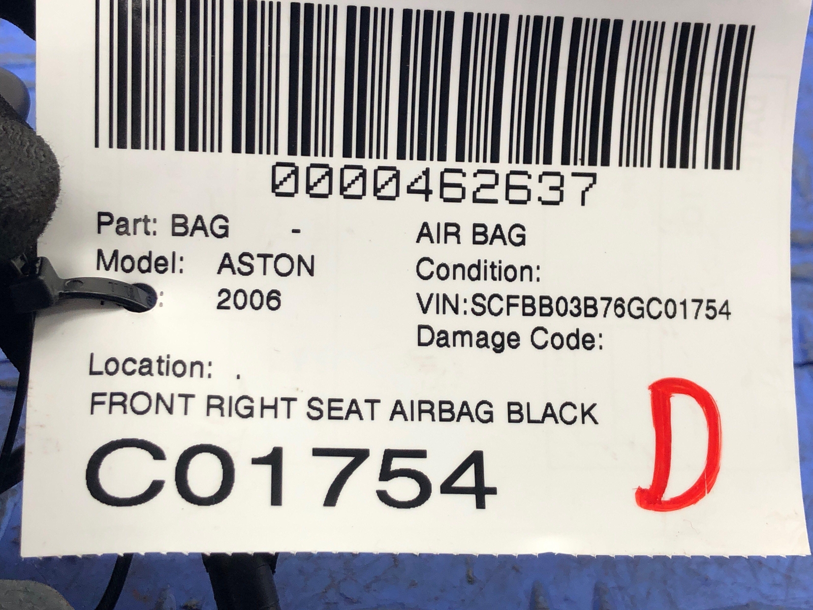2006-2018 ASTON MARTIN VANTAGE V8 FRONT RIGHT SEAT AIRBAG BLACK OEM 2007 2008
