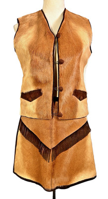 Vintage Hand-made Deer Hide Leather Suede Vest/ Skirt Fringe Three Tone OOAK