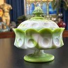 Vtg Westmoreland Green & White Slag Glass Thumbprint Covered Compote Candy Dish
