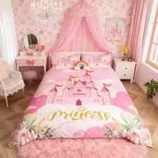 Princess Twin Bedding Sets for Girls,Pink Castle Dreamy Comforter Cover Bedro...