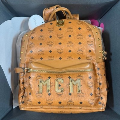 MCM Visetos Studded Medium Stark M Logo Collection Backpack Cognac Monogram