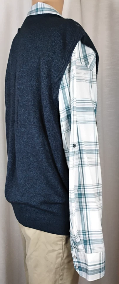 Mens XL Set Blue V-Neck Argyle Sweater Vest +White Blue Plaid Shirt Academia Y2K - Image 4 of 4