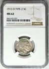 1913 D Type 2 Buffalo Nickel NGC MS62 Better Date Early Coin Two T2 Denver Key