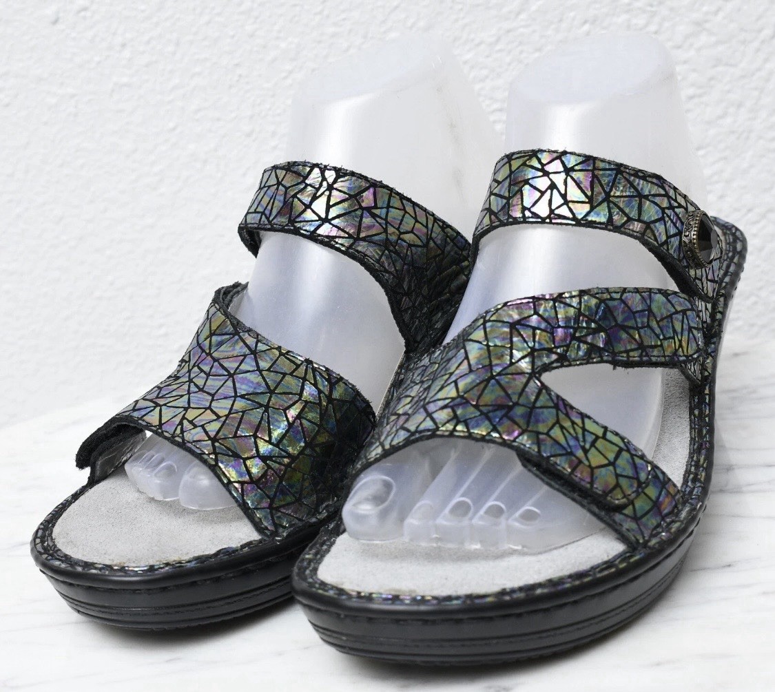 Alegria Geometric Multicolor Wedge Slide Sandals Women's Size 39 Leather Slip-On