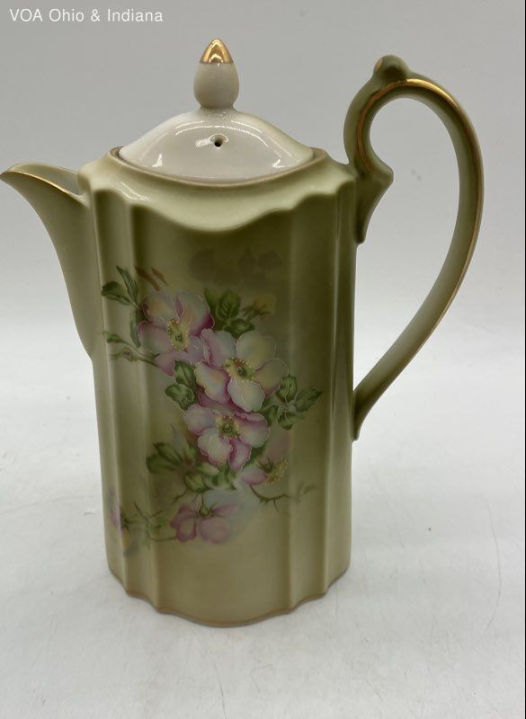 99 Roses Design Nippon Hand Painted Chocolate Pot Set 4 Cups Vase Green Floral Pink ...