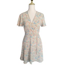 Monteau Los Angeles Womens Floral Wrap Mini Dress Cream Blue Orange Size S