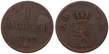 Old German States - Hesse 1 Heller 1855 - Copper, 1.41g, Ø 17.2mm Km#323