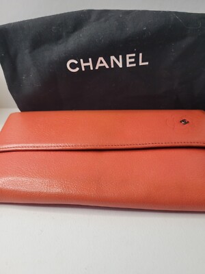 Chanel Lambskin Camelia Flower Long Orange Wallet