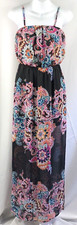 Vtg Express Flowy Chiffon Tank Maxi Dress XS Pink/Blk Floral Blouson Hippie Boho