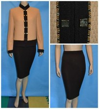 St John Collection Knits Gold Brown Jacket Skirt L 12 10 2pc Suit Buttons Trims