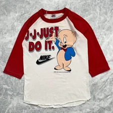 VTG 90s NIKE LOONEY TUNES WARNER BROS 1993 PORKY PIG RAGLAN SHIRT SIZE M