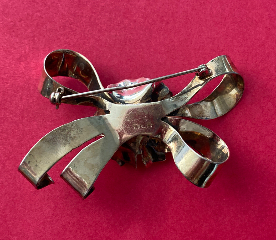 Large Vintage Sterling Silver Ribbon / Bow Brooch Pin Pendant