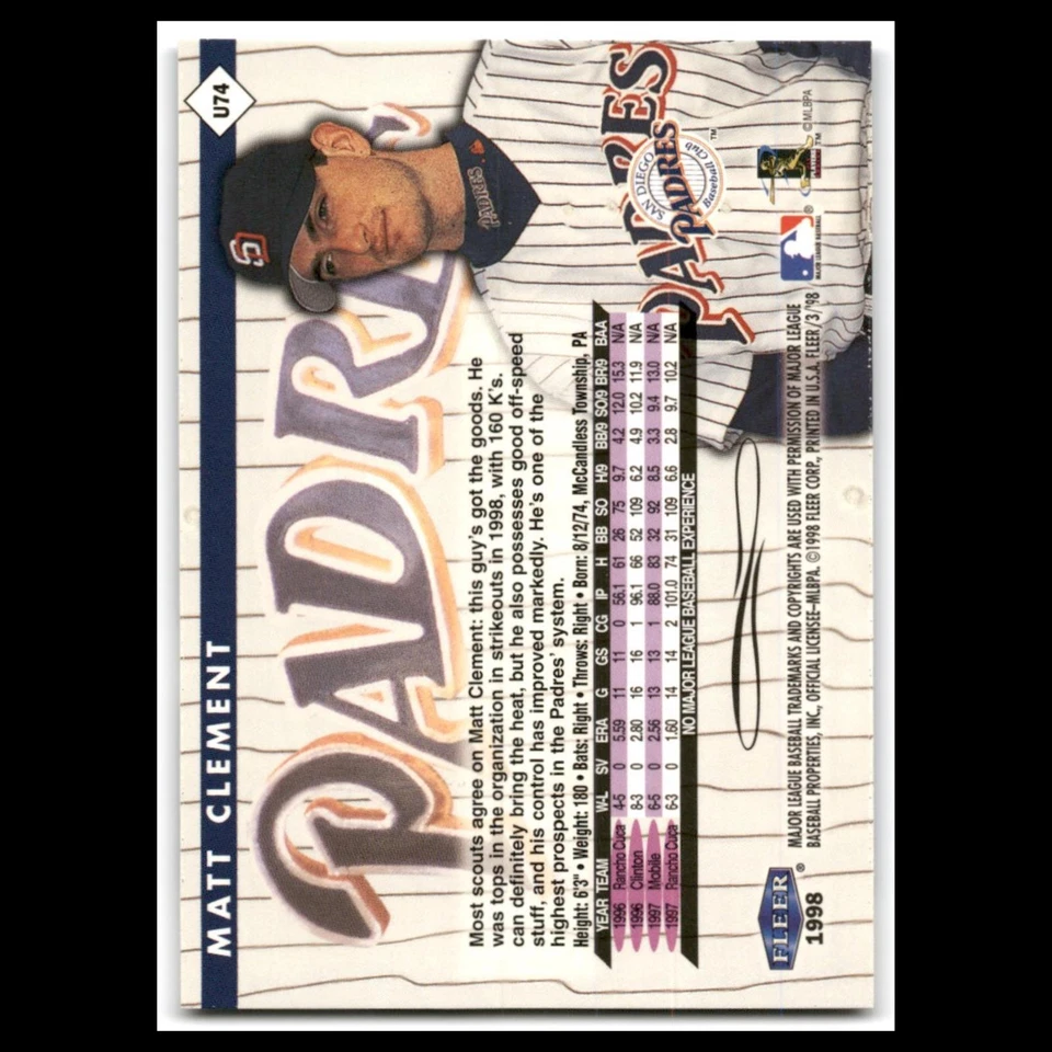 Matt Clement Rookie #U74 1998 Fleer Tradition Actualización San Diego Padres Béisbol Foto 2 de 3
