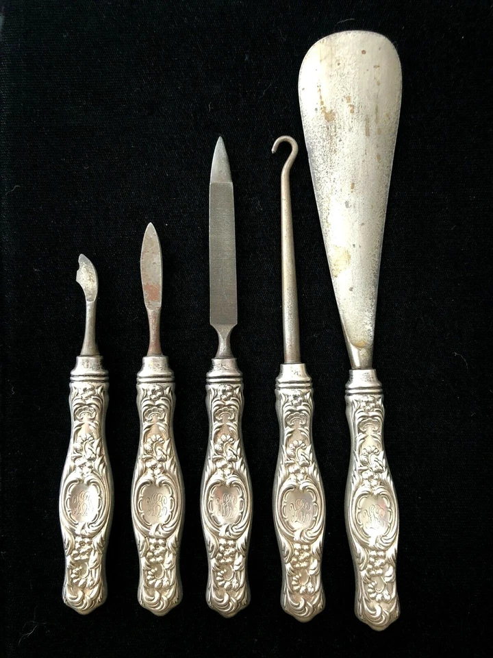 Vintage Gorham Whiting Sterling Silver Floral Repousse Dresser Vanity Set 6 Pcs - Image 2 of 4