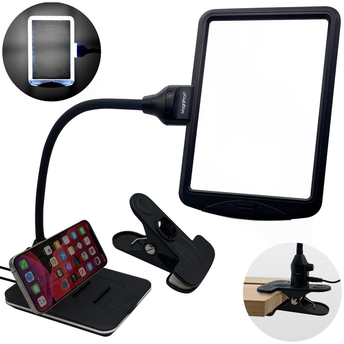 4X Magnifier Lamp with Tablet Stands, USB Port Clamp for Reading - Main Image