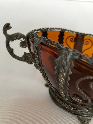 CANDY SERVING Nut BOWL Amber Orange Square Glass Metal Frame Decor and Handles - Picture 5 of 12