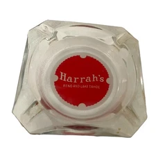 Vintage Red / Clear Harrah’s Reno Lake Tahoe Glass Ashtray 3 1/2 X 3 1/2“