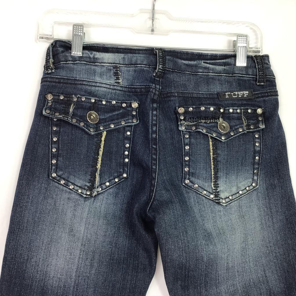 Cowgirl Tuff Womens 25 Blue Cropped Stretch Jeans with Whiskering Thick Stitch and Studs