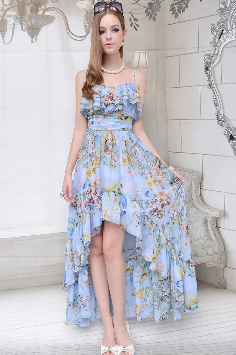 Wedding Balls Party Floral Print Ruffle Asym Maxi Long Baby Blue