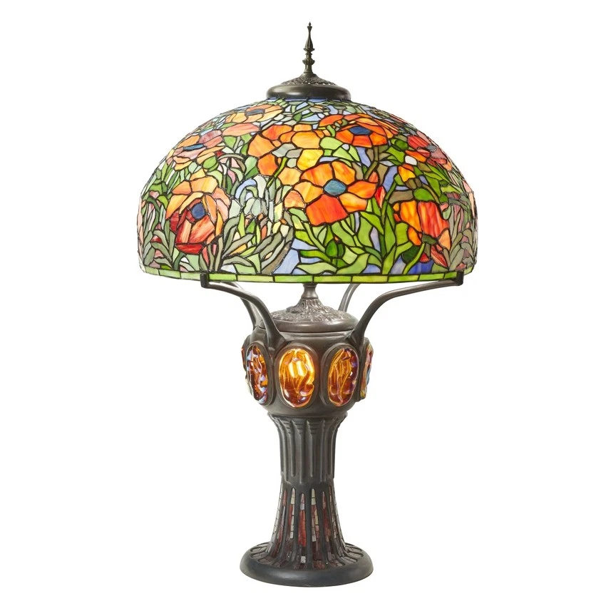 36"H Pink Poppies Tiffany-Style Stained Glass Table Lamp - Image 2 of 4