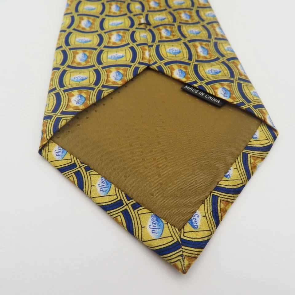 Corbata Pfizer Seda Amarillo Azul Píldora Logo Lunares 3.75" Ancho 56" Largo Foto 4 de 4