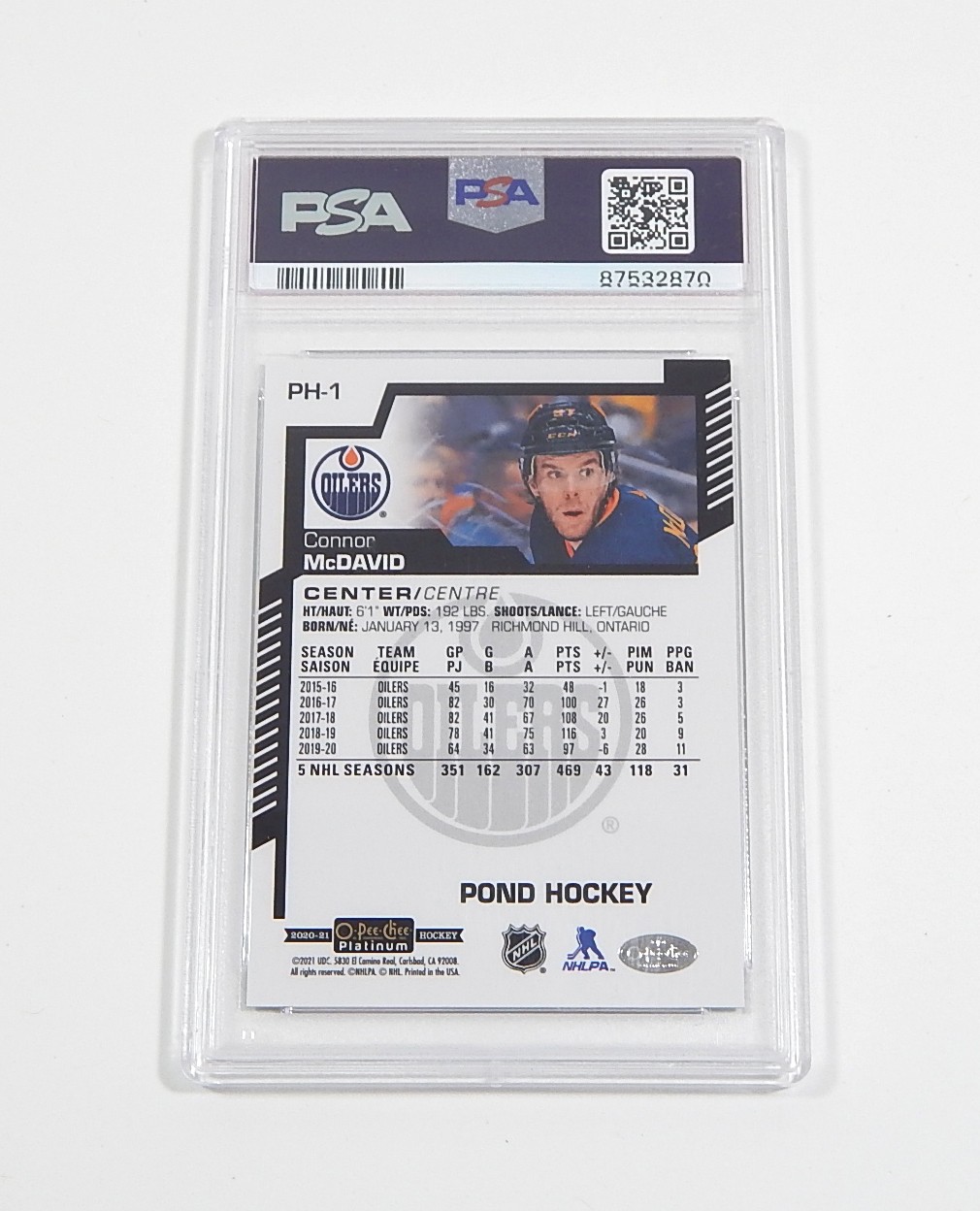 2020-21 OPC O-Pee-Chee Platinum Pond Hockey Connor McDavid #PH-1 PSA 9 view 2