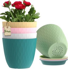MUAEEOK 18CM 5 Pack Plant Pots Indoor Stripe Grooves Plastic Flower Pots with D