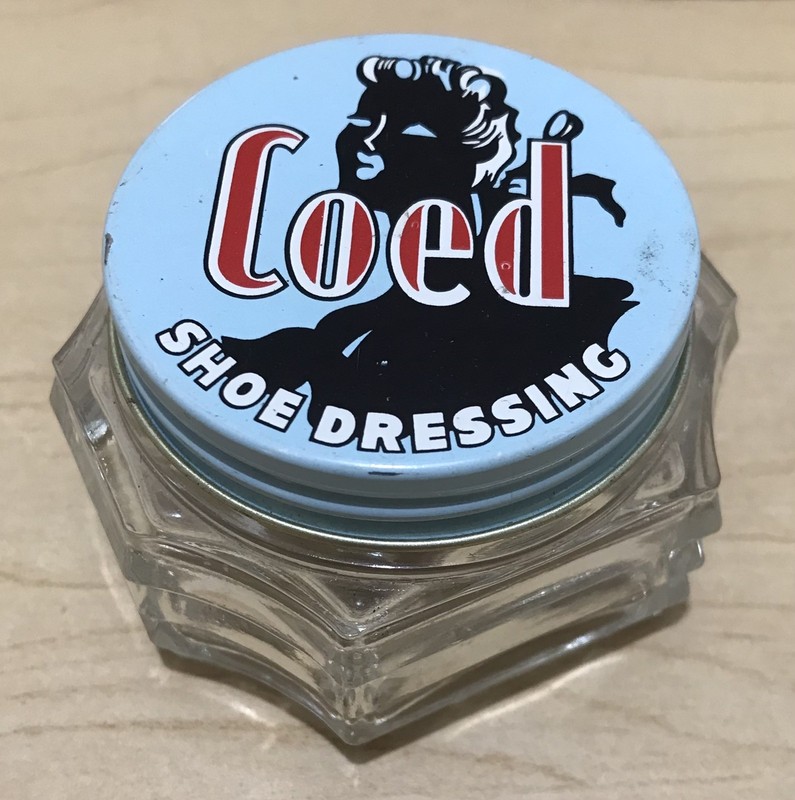 VTG COED SHOE DRESSING Glass Jar Bottle Graphic Advertising On Metal Lid