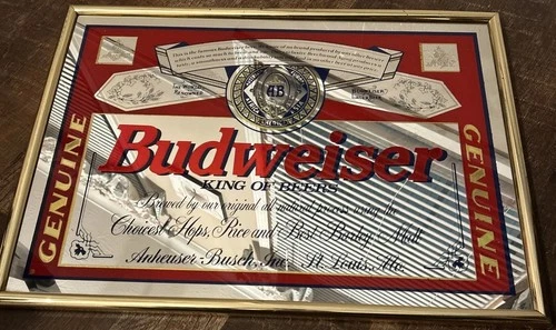 Vintage Budweiser Beer Mirror Bar Sign 1995 25” x 17” Gold Tone Frame Man Cave