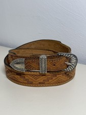 Vintage Western Style Tan Leather Embossed Belt 1.25" x 40" Size 30 Made In USA