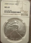 2004 $1 American Silver Eagle NGC MS69 Brown Label