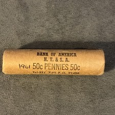 1961 D Original Bank Wrapped Roll Of Lincoln Cents Bank Of America N.T. & S.A.
