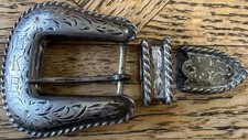 Vintage Hand Engraved Sterling Silver Three Piece Ranger Belt Buckle Set