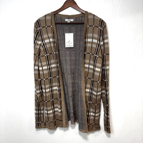 New Croft & Barrow Knit Cardigan Plaid Open Front Lightweight Sweater Brown M