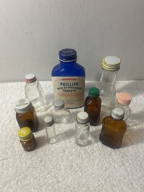 VTG Lot Of 11 Glass Medicine/ Perfume Bottles Blue / Brown/ Clear W / Caps