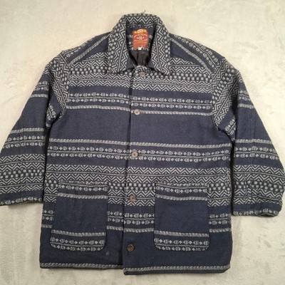 River Island Jacke Herren XL Blau Wolle Chore Barn Coat Vintage Heavyweight Aztec