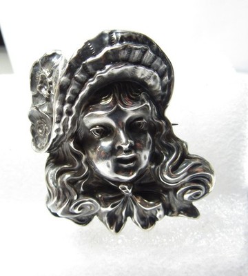 STERLING SILVER ORIGINAL UNGER BROTHERS ANTIQUE BONNET GIRL BROOCH/ PIN ...