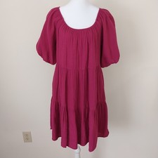 Old Navy Sun Dress Womens Med Short Sleeve Pockets Pink Cotton Gauze Tiered Boho