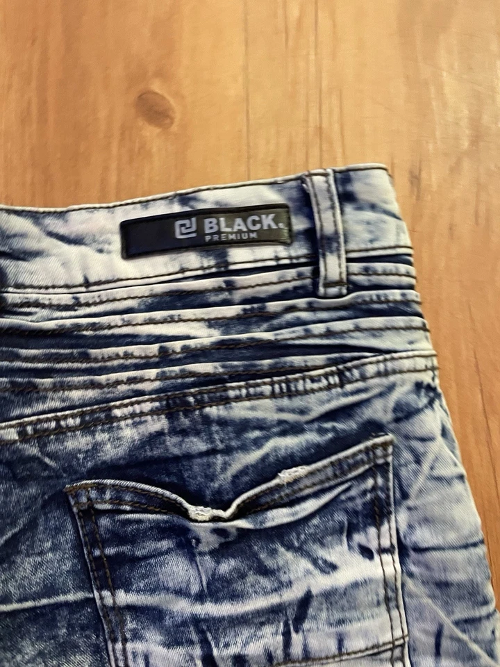 黑色白金短裤男式蓝色牛仔裤破旧弹力石洗拉链口袋 — 第 4/4 张图片