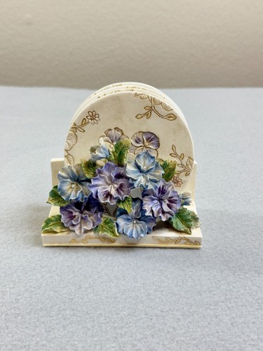 Vintage Ceramic Pansy Flower 3D Sculpture Coaster Holder with Coasters - Picture 3 of 10
