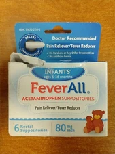 FeverAll Acetaminophen Suppositories 6 Rectal Suppositories Exp 2/26 DAMG E17B