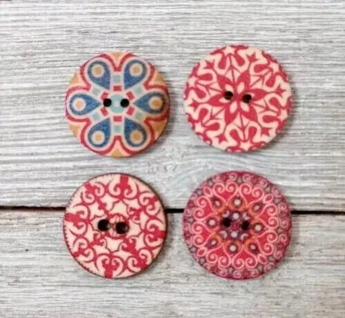 flowers boho wood sewing buttons 2 holes 1 inch red (set #1305) 4pc new - Image 2 of 2