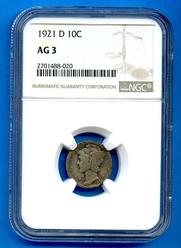 1921 D NGC AG3 Mercury Dime 10c Ten Cents US Mint Silver Coin 1921-D AG-03