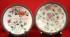 2 Pewter Clad Japanese Porcelain Ware "Lady's" Painted Floral Ashtrays Hong Kong